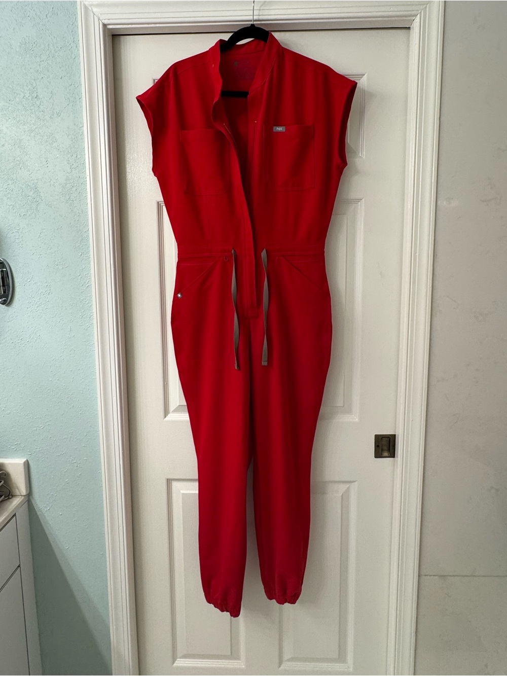 FIGS Bright Red Rafaela Cargo Jumpsuit with Drawstring Waist